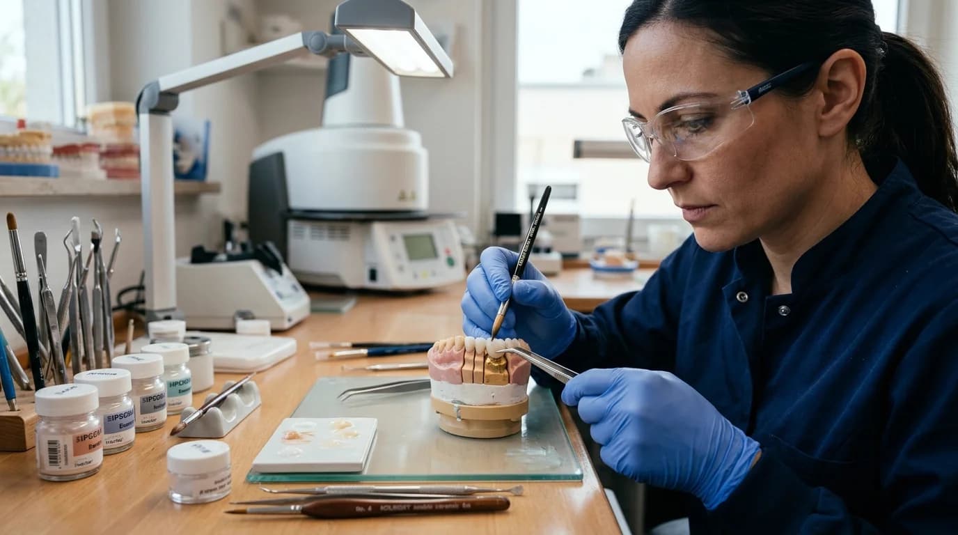 Maestro ceramista de BoteroLAB estratificando cerámica con pincel de alta precisión