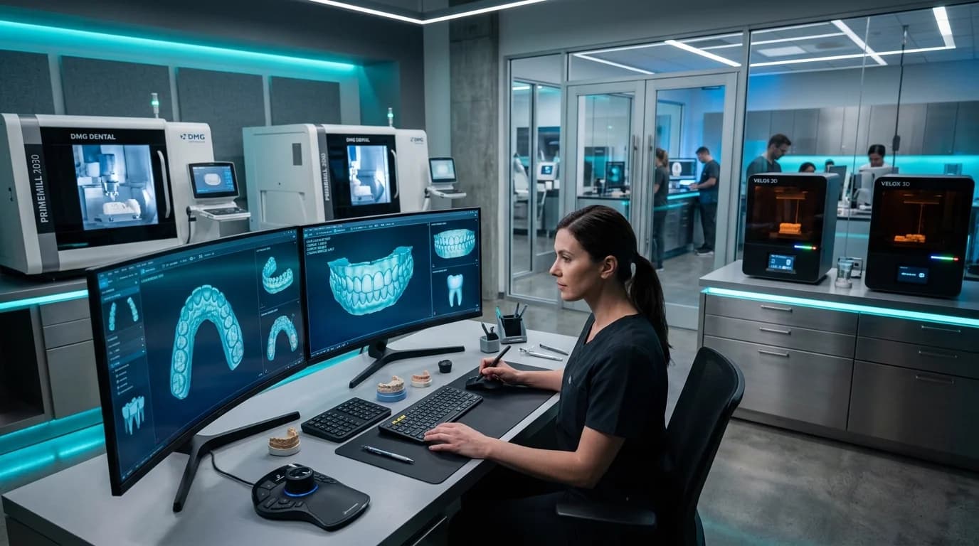 Laboratorio dental digital de alta tecnología con estaciones CAD CAM y modelado 3D de BoteroLAB